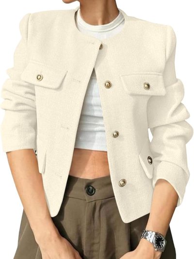 Women's Collarless Cropped Tweed Blazer Jacket Button Down Long Sleeve Casual Office Coat with Pocket Detail