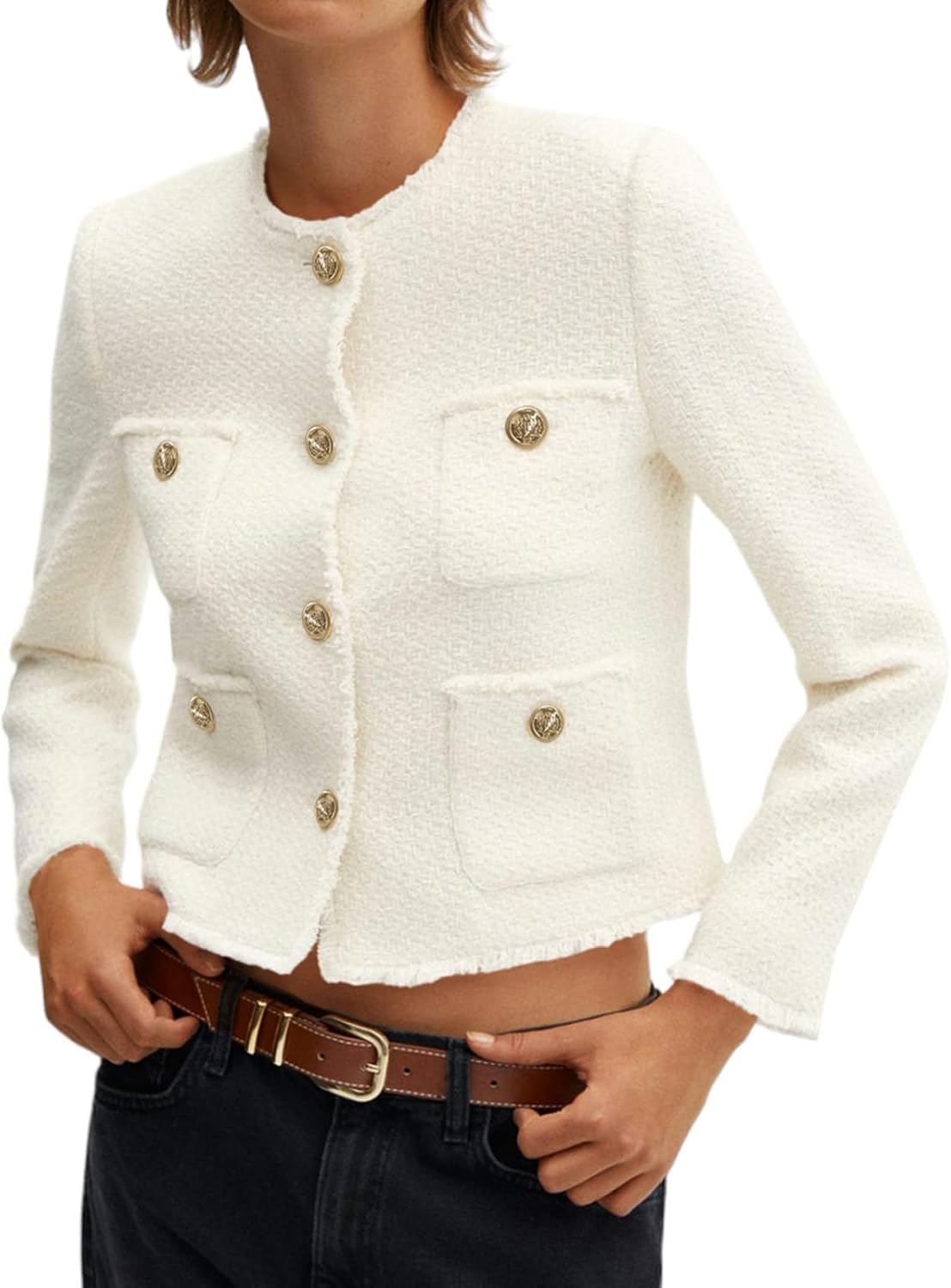 Women’s Collarless Cropped Tweed Blazer Casual Business Jacket