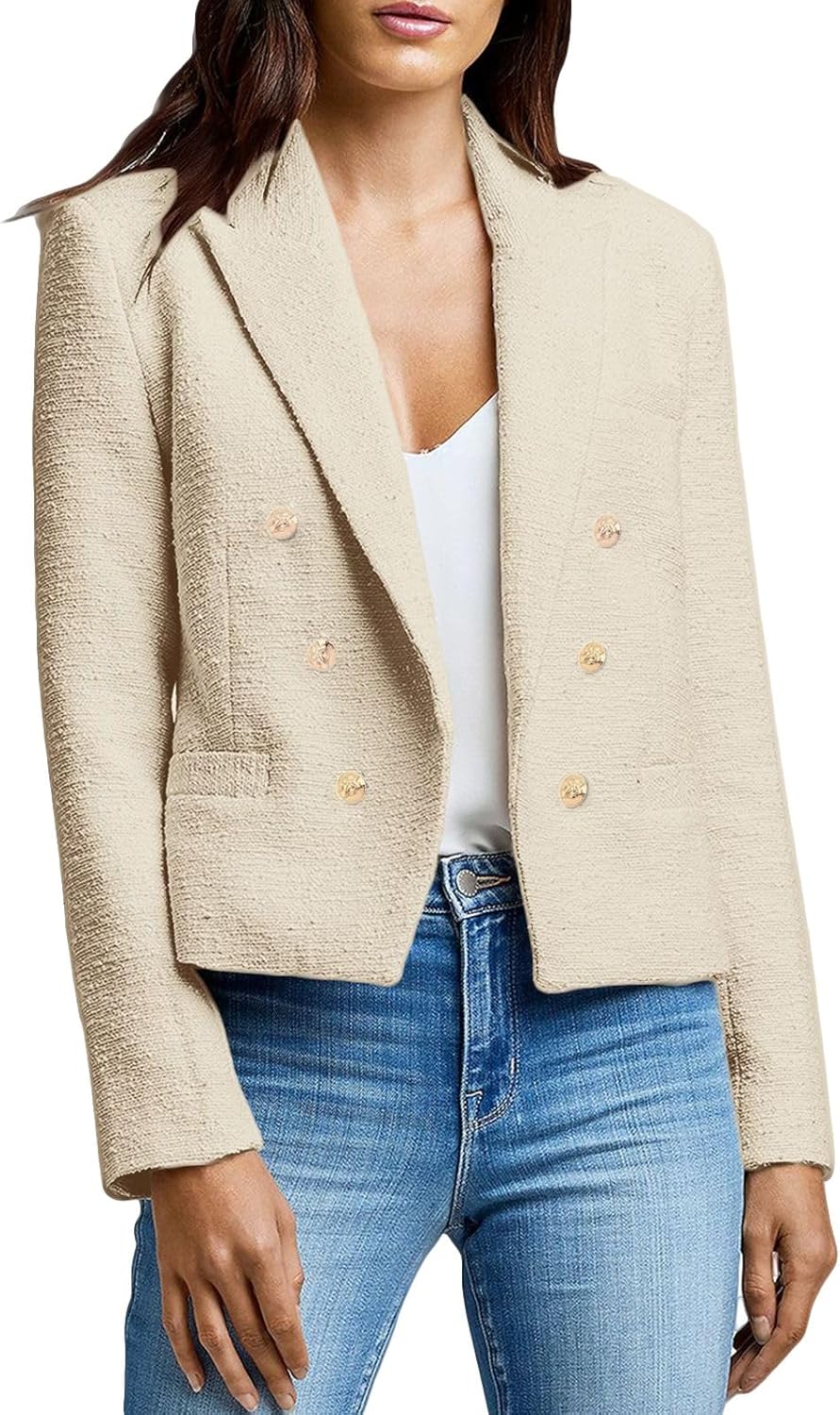 Women's Lightweight Cropped Blazer Jacket Open Front Long Sleeve Business Casual Coat with Side Pockets