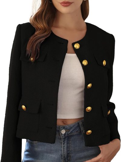 Women's Elegant Cropped Tweed Jacket Round Neck Long Sleeve Business Casual Outerwear with Pockets