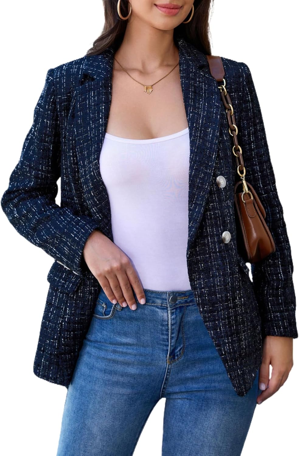 Women’s Oversized Plaid Tweed Blazer Long Sleeve Open Front Jacket