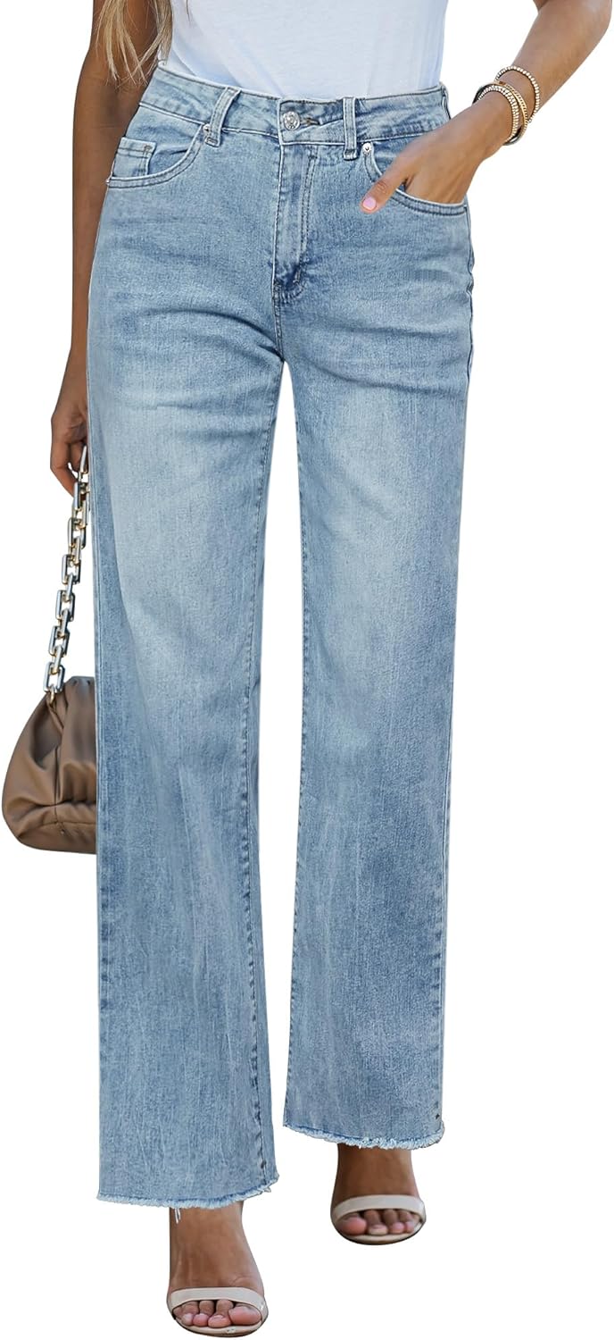 Women’s High Waisted Straight Leg Frayed Hem Loose Denim Jeans