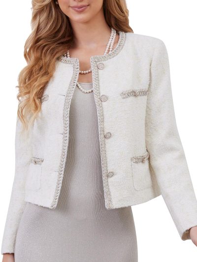 Women's Tweed Cardigan Style Blazer Jacket Long Sleeve Crewneck Open Front Cropped Coat with Pockets