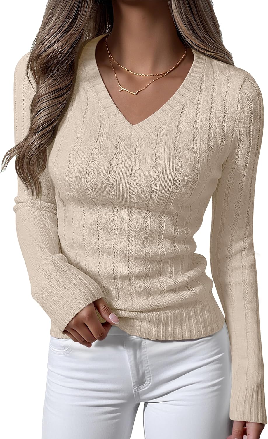 Women’s Long Sleeve Cable Knit V Neck Sweater Casual Pullover Top