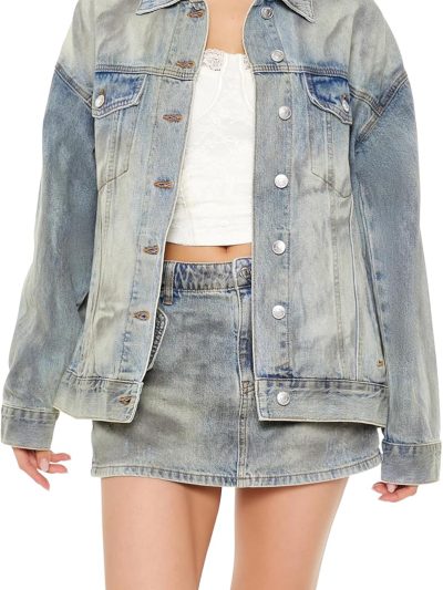 Women's Mineral Wash Denim Trucker Jacket Casual Button Front Long Sleeve Jean Coat for Everyday Wear