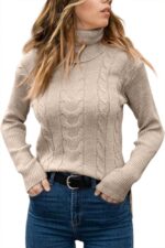Women’s Turtleneck Cable Knit Long Sleeve Sweater - Image 2