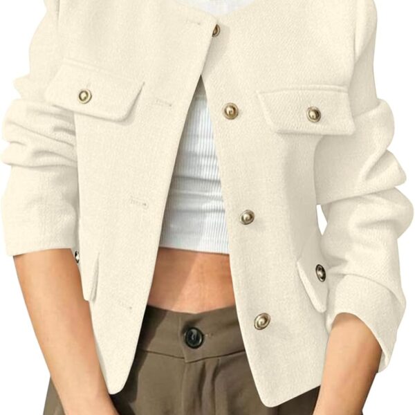 Women's Collarless Cropped Tweed Blazer Jacket Button Down Long Sleeve Casual Office Coat with Pocket Detail