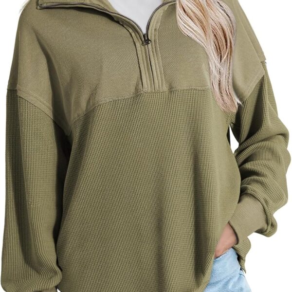 Women’s Casual Waffle Knit Half Zip Long Sleeve Pullover Sweatshirt