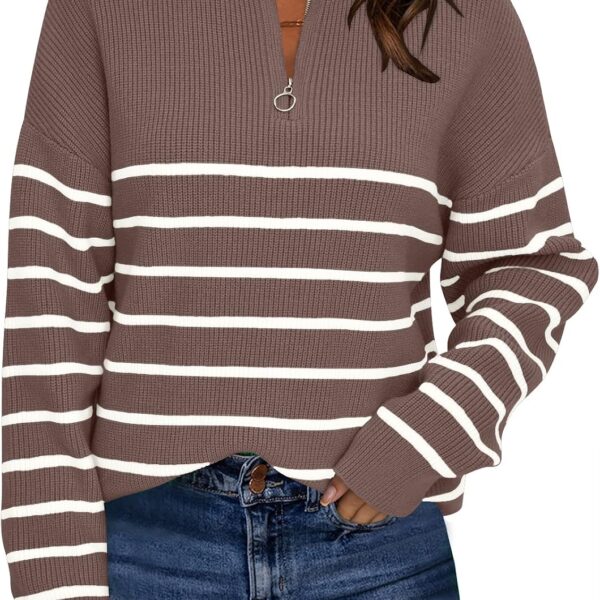 Women’s Quarter Zip Striped Oversized Mock Neck Sweater