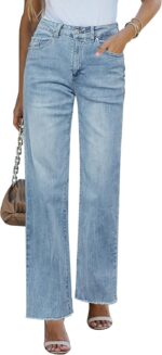 Women’s High Waisted Straight Leg Frayed Hem Loose Denim Jeans
