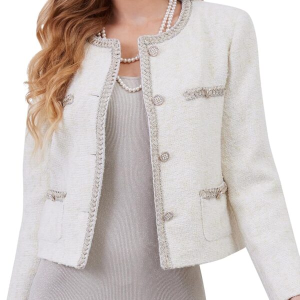 Women's Tweed Cardigan Style Blazer Jacket Long Sleeve Crewneck Open Front Cropped Coat with Pockets